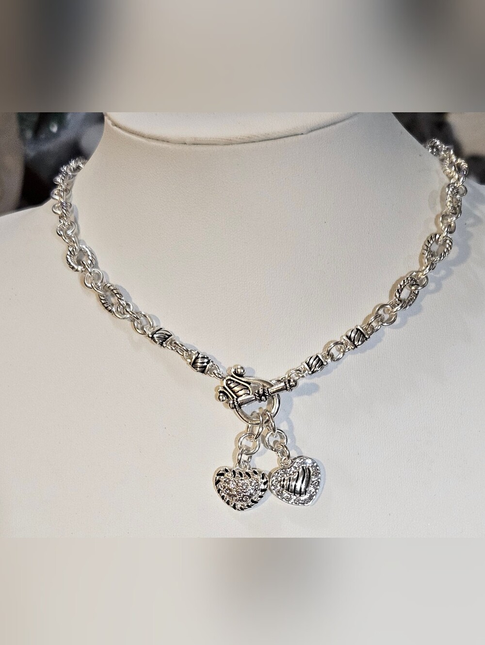 Premier Design 2 Heart Charm Front Toggle Necklace - Silver 16inches